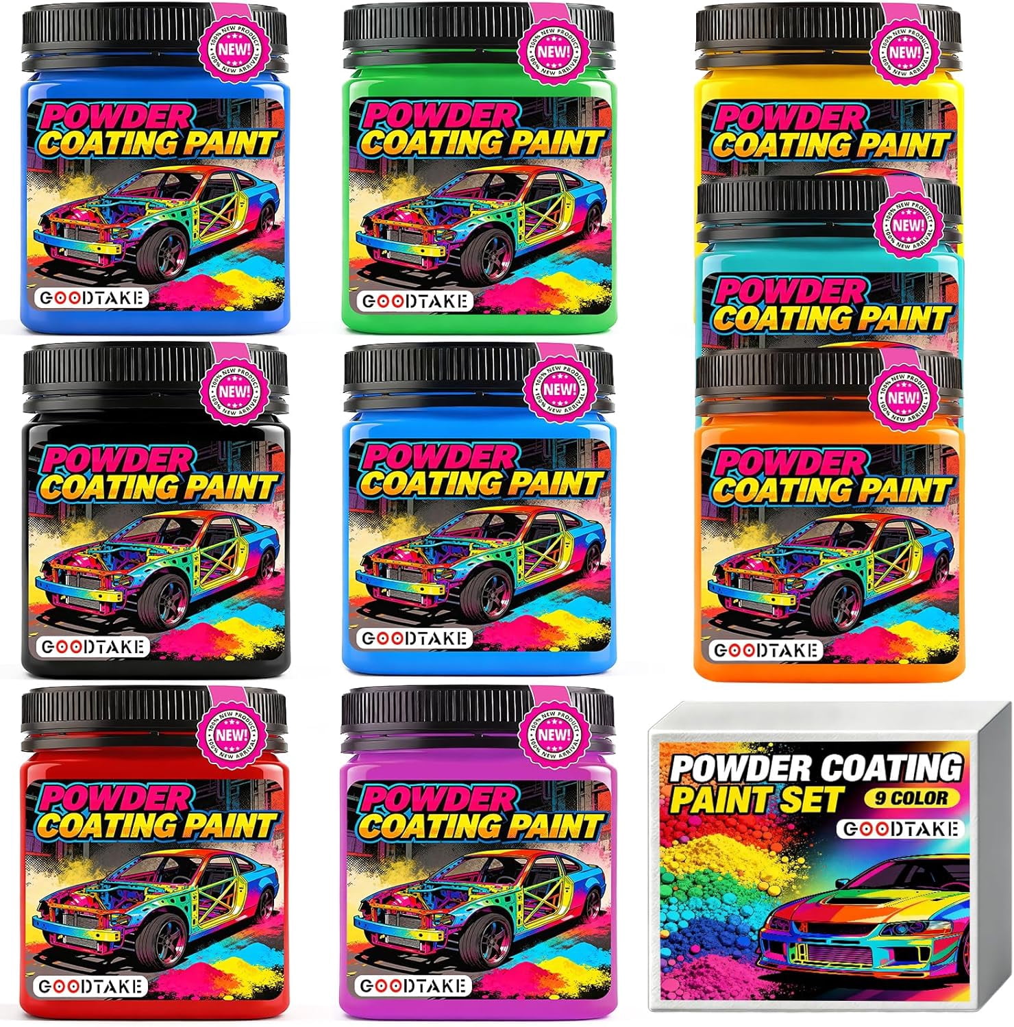 GOODTAKE 9-Color Powder Coating Jar Set: Black, Red, Blue, Yellow, Green, Orange, Navy, Turquoise & Pink | Powder Coating Paint for Metal, Plastic & Laser Engraving, DIY & Craft Projects