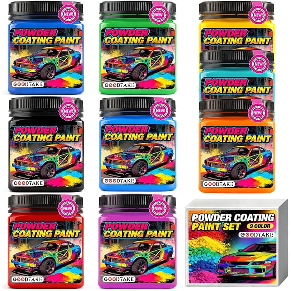 GOODTAKE 9-Color Powder Coating Jar Set: Black, Red, Blue, Yellow, Green, Orange, Navy, Turquoise & Pink | Powder Coating Paint for Metal, Plastic & Laser Engraving, DIY & Craft Projects