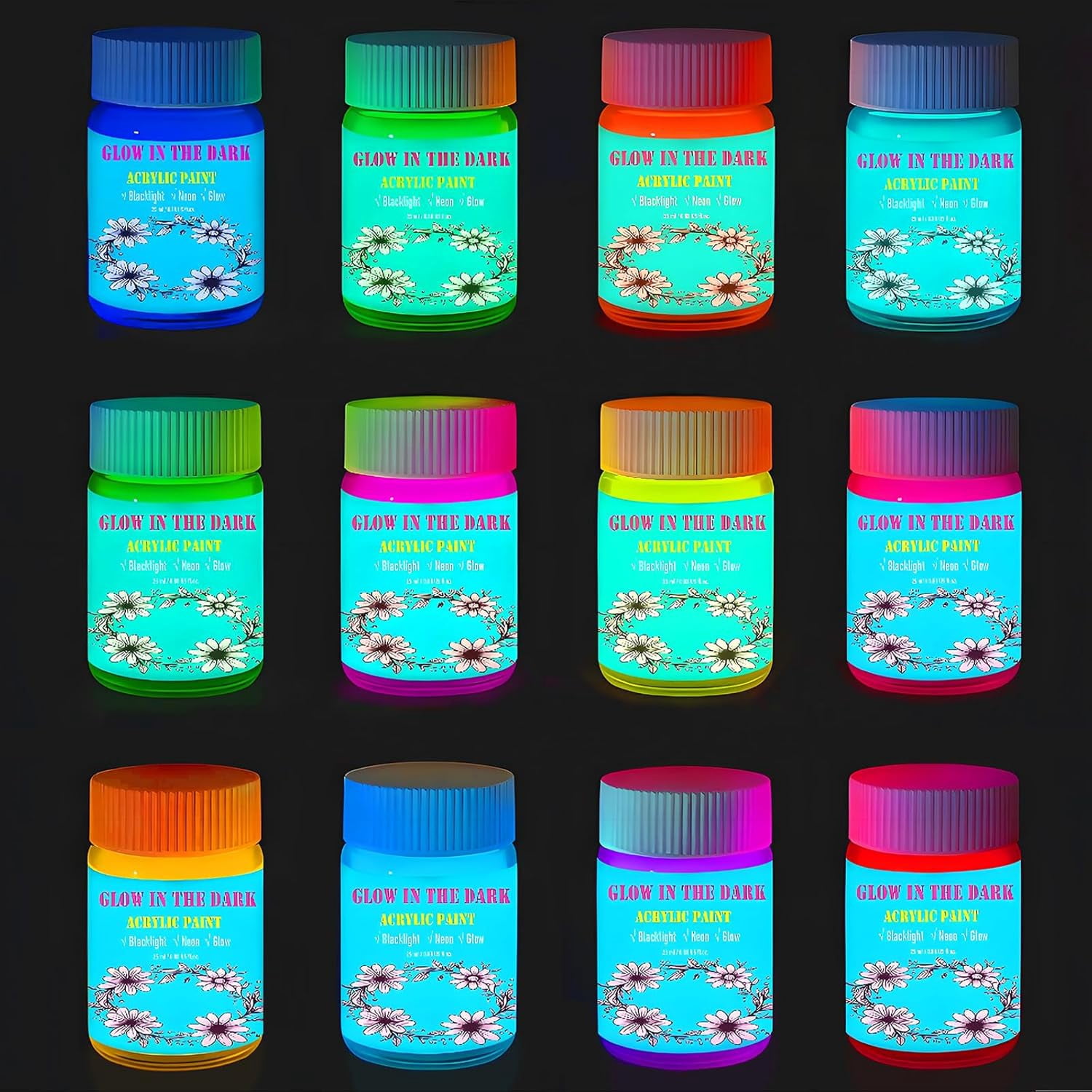 GOODTAKE Acrylic Glow in The Dark Paint, 12 Bright Colours Liquid Fluorescent Paints, Neon Paints Glow in Dark for Painting, Halloween Decoration, DIY Crafts, Black Light Paint 25 ml Each with Brushe