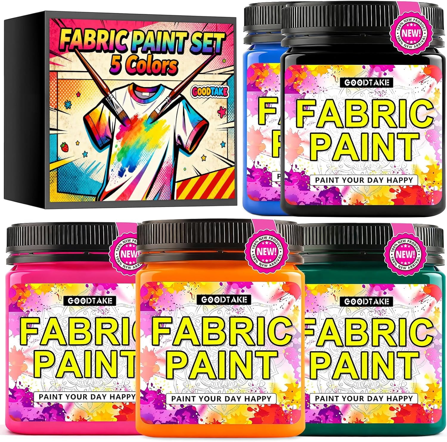 GOODTAKE Fabric Paint Set of 5 Colors - 250ml (9 Fl Oz) Each Bottle - Permanent Acrylic Paint for Fabric & Clothes - Vivid Pink, Green, Black, Orange, Sky Blue for DIY T-Shirts, Jeans & Textile Art
