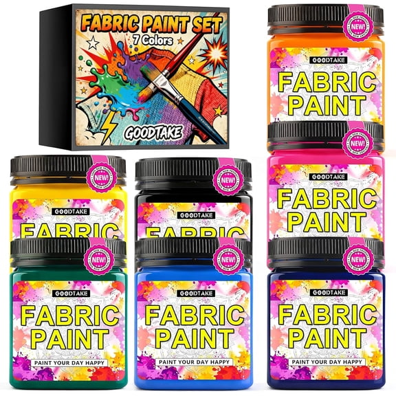 GOODTAKE Fabric Paint Set of 7 Colors - 9 Fl Oz Each - Permanent Acrylic Paint for Fabric, Ideal for DIY Clothing, T-Shirts, Jeans & Shoes - Yellow, Pink, Green, Black, Orange, Sky Blue, Purple