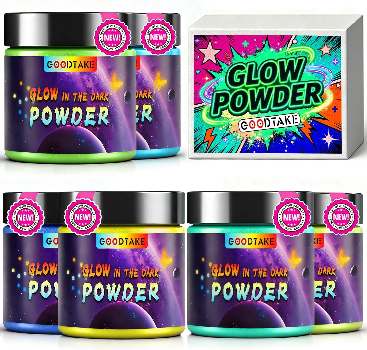 GOODTAKE Glow in The Dark Powder, 6 Colors Glow Powder- Glow In The Dark Pigment Powders for Slime, Resins, Glue, Paints Or Nail Self Glowing Dye for DIY (6 Colors, 2 oz Each Color)