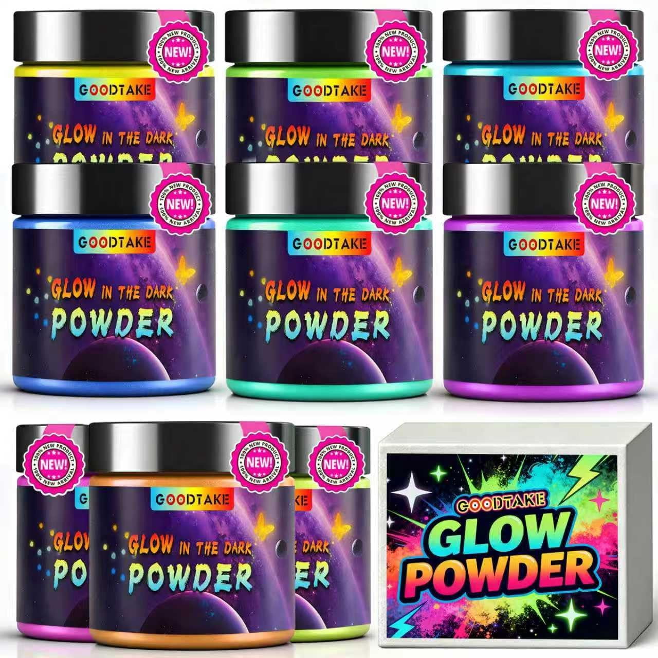 GOODTAKE Glow in The Dark Powder, 9 Colors Glow Powder Set - Glow In The Dark Pigment Powders for Slime, Resins, Glue, Paints Or Nail Self Glowing Dye for DIY (9 Colors)