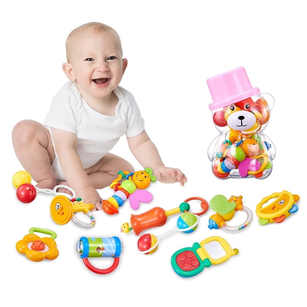 GOODWAY Baby Toys 0-6 Months, Infant 3-6 month toys,10 Pcs Grab Shaker Rattle, Sensory Fine Motor Skill Development Gift Set for 2 3 4 5 9 Month Boy Girl