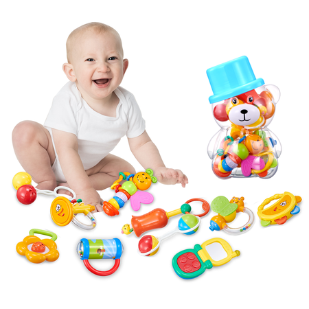 GOODWAY Rattle and Teether Baby Toys 3-6 Months, 10 Pcs Grab, Shaker and Spin Rattle Toys, Sensory and Fine Motor Skill Development Gift Set for 0,3, 6, 9, 12 Month Newborn, Infant, Boys, Girls