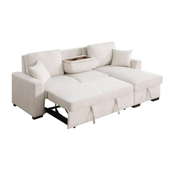 GOOEEN Chenille Pull Out Sofa Bed Modern L-Shaped Sleeper Sofa Beige