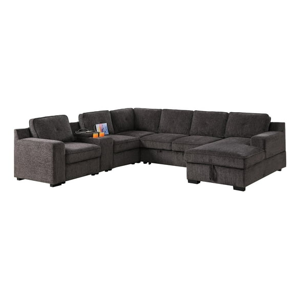 GOOEEN Modern Chenille Living Room Set Pull Out 6-Seater Sofa Bed-Brown