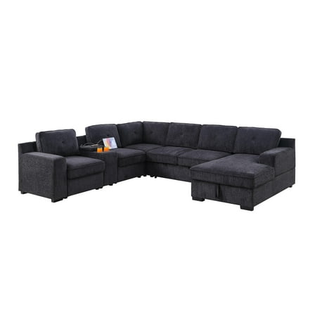 GOOEEN Modern Chenille Living Room Set Pull Out 6-Seater Sofa Bed-Dark Grey