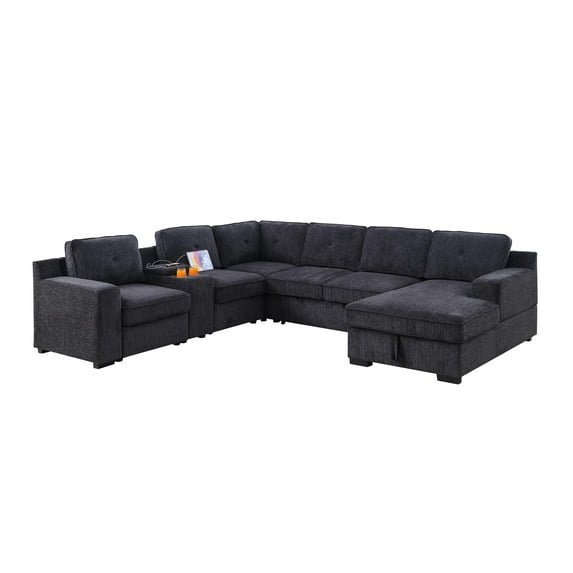 GOOEEN Modern Chenille Sofa 6-Seater Living Room Set Pull Out Sofa Bed-Dark Gray