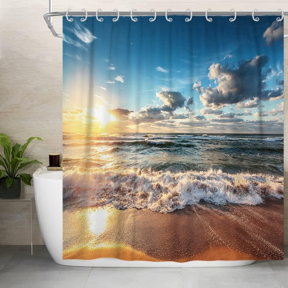 GOOESING Beach Shower Curtain,Tropical Sea Beach Ocean Waves Sunrise ...