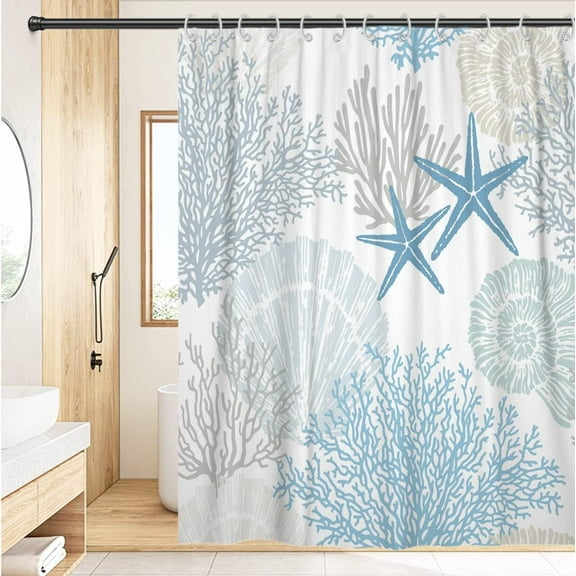 GOOESING Nautical Shower Curtain, Ocean Creatures Starfish Seashell Coral Washable with Hooks,84x72 in Blue Starfish Coral