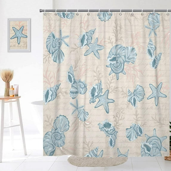 GOOESING Retro Starfish Seashell Summer Ocean Beach Theme Teal Bathroom Curtain Waterproof Washable with 12 Hooks, 60"x72"
