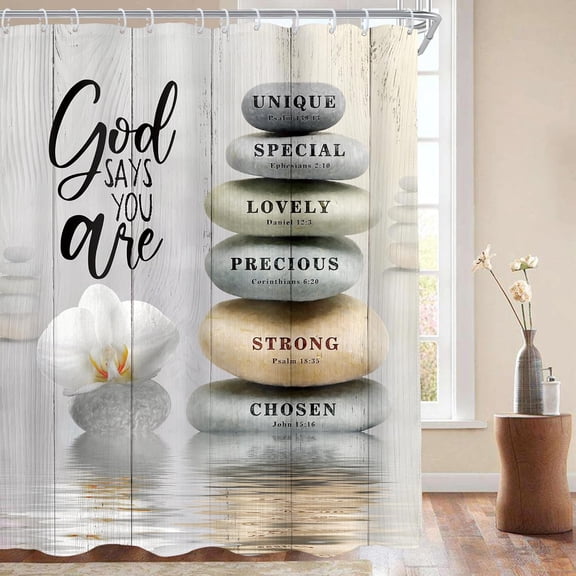 GOOESING Stone Bible Verse Shower Curtain 72Wx72L Inch Scripture Spa Massage Meditation Relaxing Asian with 12 Pack Hooks