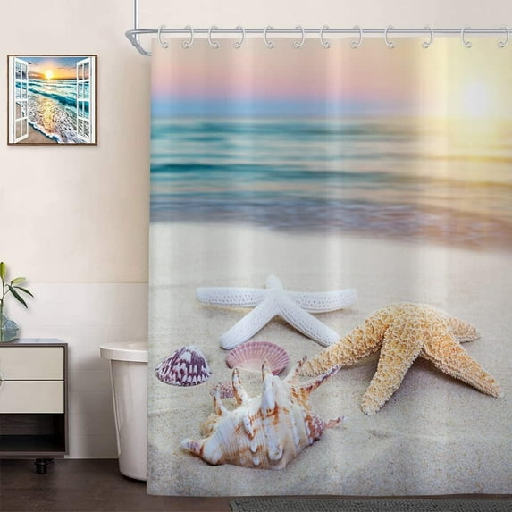 GOOESING Summer Beach Sunset Starfish Conch Shower Curtain, Waterproof Polyester with Hooks 60"x72"