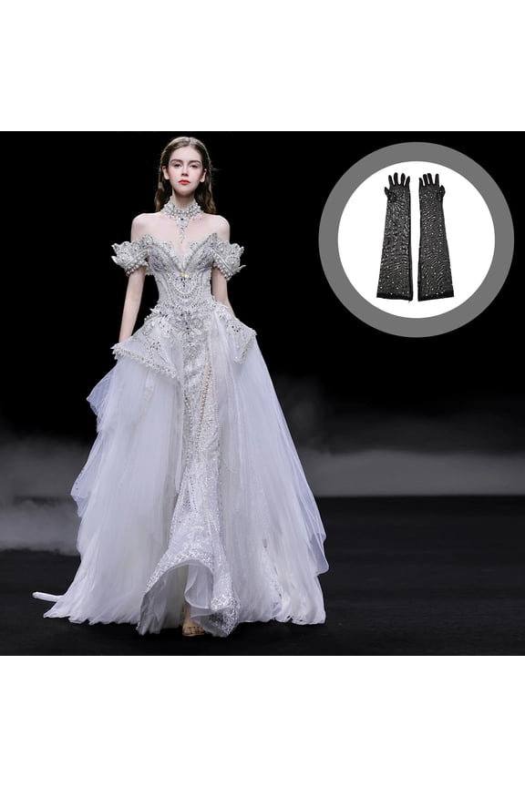 1 Pair Black Sheer Gloves Rhinestone Mesh Tulle Gloves Long Stretchy Sparkly Gloves for Women Bridal Rave Halloween Evening Wedding Party Supplies