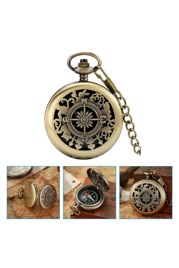 1 Set Pocket Watch Compas for Hiking and Navigation Golden Zinc Alloy Round Retro Style 2.6x1.8in