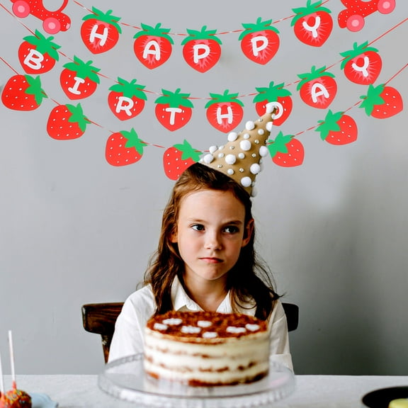 GOOHOCHY 1 Set Strawberry Happy Birthday Banner Hanging Strawberry Banner Backdrop Fruit Birthday Party Supply