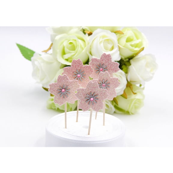 Mobutofu 10Pcs Pink Cherry Blossom Cake Toppers Environment Friendly for Birthday Wedding