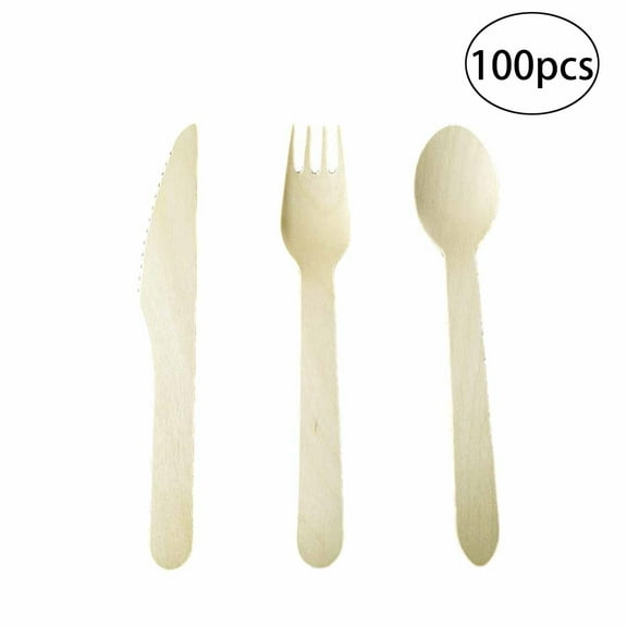 GOOHOCHY 100Pcs Wooden Forks and Spoons Set for General Users at Weddings and Birthdays 6.3X1X0.1in