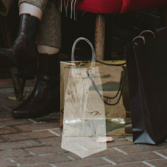 10pcs Clear Transparent Tote Bags with Handles, Plastic Handheld Shopping Bags, Wedding, Wine, PVC Button Closure