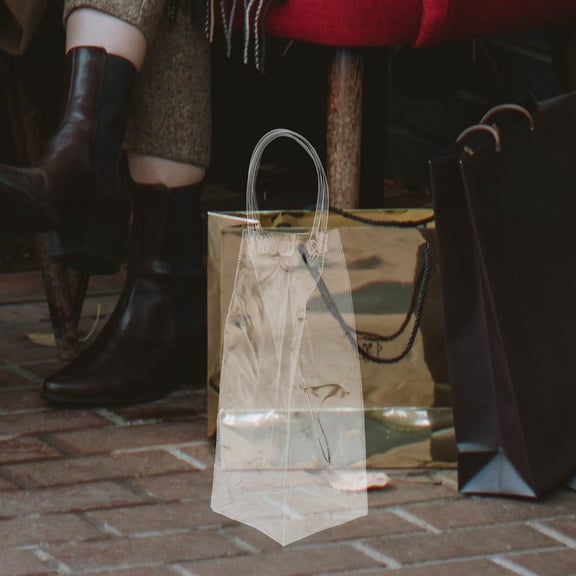 10pcs Clear Transparent Tote Bags with Handles, Plastic Handheld Shopping Bags, Wedding, Wine, PVC Button Closure