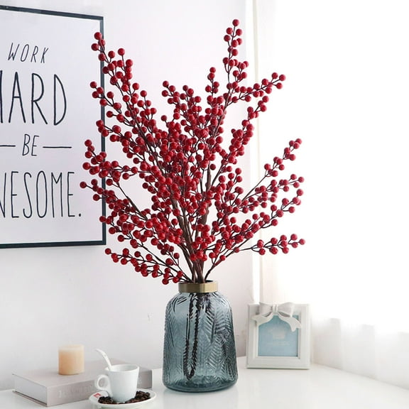 FUEENIRVA Set of 10 Artificial Red Berry Branches, 8.25 x 1.57 x 1.57 inches, Decorative Faux Berry Stems for Home and Event