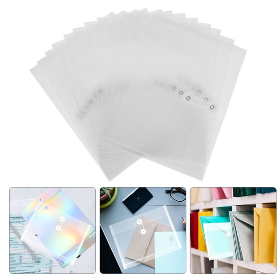 FUEENIRVA 12Pcs Transparent Clear Envelope Pouch with Rope Wrap Button Closure for Document Storage