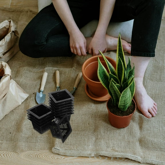 GOOHOCHY 12Pcs Square Nursery Pots Black Plastic Garden Slotted Mesh Net Cup Heavy Duty Filter Plant Net Pots Square Planter for Lily Hydroponic Nursery Grow