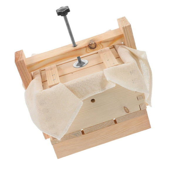 GOOHOCHY 1Set Square Tofu Cheese Press Maker Beige Wood Cloth for Manual Tofu Users