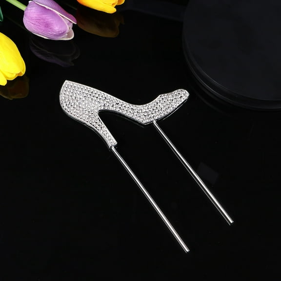 GOOHOCHY 1pc High-heeled Shoes Cake Topper Glitter Alloy Rhinestone Birthday Party Cake Pick Food Decoration Supplies (Silver)