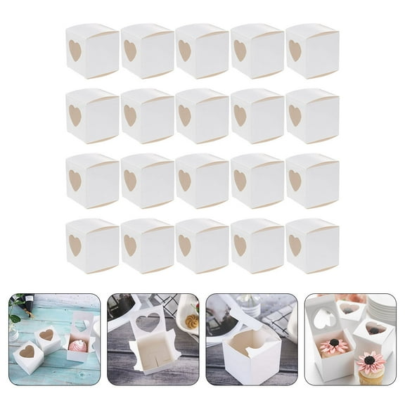 GOOHOCHY 20pcs Mini Individual Cupcake Boxes Heart Shaped Window Candy Paper Boxes