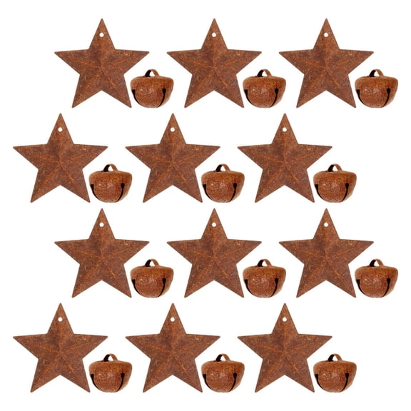 GOOHOCHY 24pcs Christmas Rusty Bells Kit Vintage Country Primitive Craft Mini Jingle Bells Rustic Star Pendants for Crafts Xmas Tree Wreath Decor