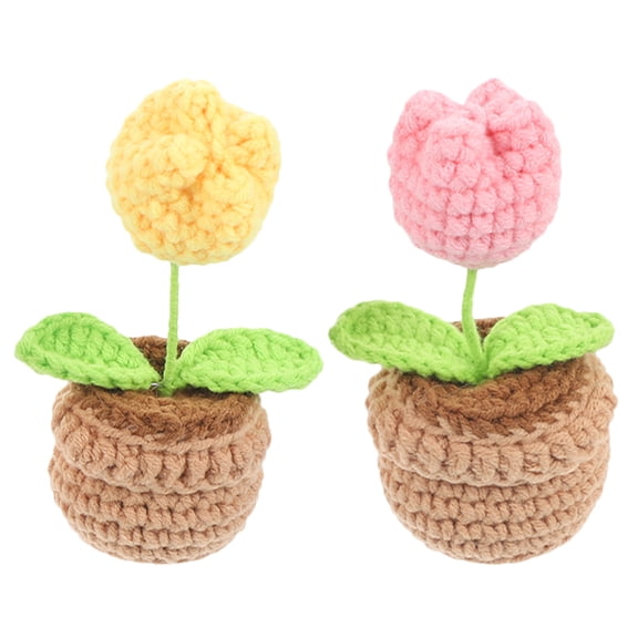 GOOHOCHY 2Pcs Multi Crochet Potted Plants Hand Woven Tulip Flowers for Decoration Iron Wire