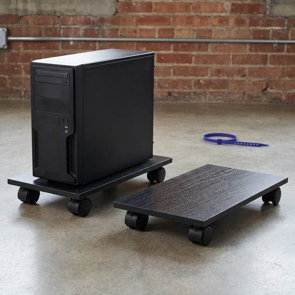 GOOHOCHY 2 Pack Wooden CPU Stand with Locking Wheels, Ventilated PC Tower Cart Storage Holder for Office Desktop Computer