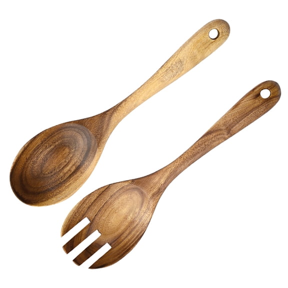 GOOHOCHY 2pcs Wooden and Fork Set Salad Servers Fruit Cutlery Suit Tableware for Home Restaurant
