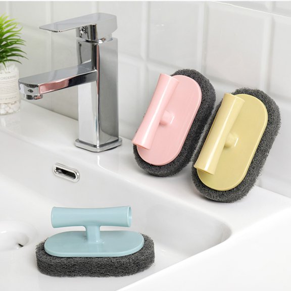 GOOHOCHY 3-Pack Multi-Purpose Heavy Duty Cleaning Sponge Brushes with Handle for Kitchen, Bathroom, Tub, Shower, Bathtub, and Pool Scrubbing - Random Colors