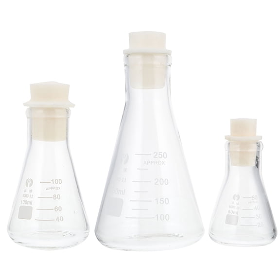 FUTUREORYY 3Pcs Glass Conical Flasks with Stopper Durable Transparent Laboratory Supplies