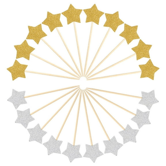 GOOHOCHY 30 Pcs Star Cake Insert Gold and Silver Decorations Glitter