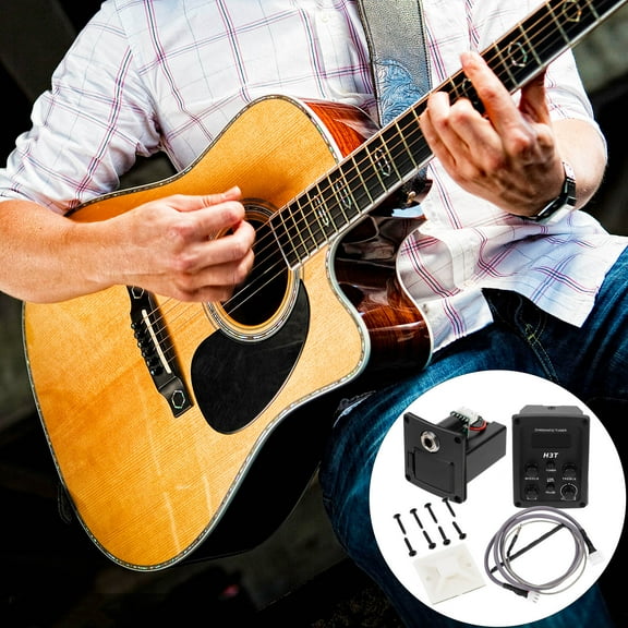 GOOHOCHY 4 Band Acoustic Guitar Preamp EQ Equalizer Guitar Preamplifier Piezo Pickup with LCD Tuner Volume Blend Presence Treble Middle Bass Control without Battery