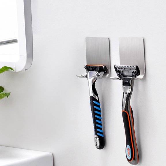 GOOHOCHY 4Pcs Self Stick Wall Hooks Razor Holder Hooks Waterproof Stainless Steel Silver Rectangular Modern Design