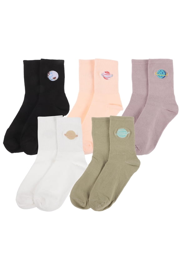 5 Pairs Planet Design Mid tube Cotton Socks for Women with Embroidery