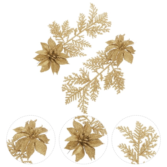 GOOHOCHY 6Pcs Faux Pine Stems Golden Glitter Artificial Flowers Christmas Celebration Festive Atmosphere Creation