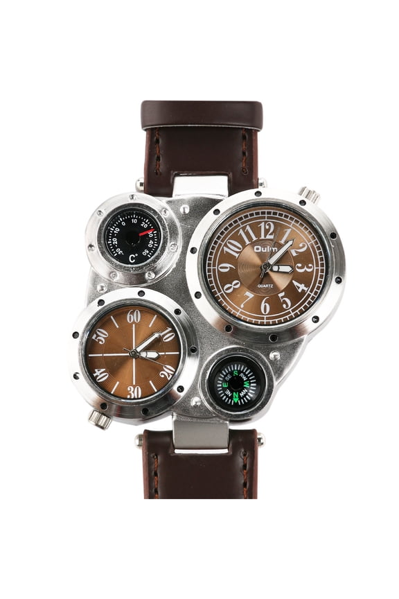 9145 Retro Style Men's Dual Quartz Sports Wrist Watch with PU Band /Compass /Thermometer (Brown)