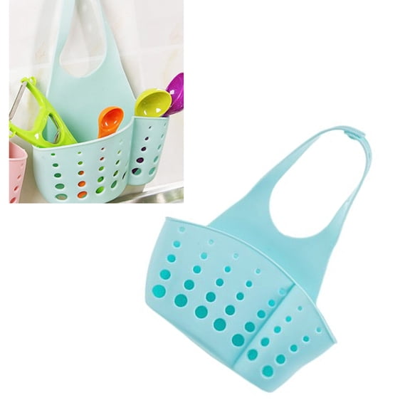 GOOHOCHY Adjustable Button Kitchen Organizer Shelf with Sponge Holder Basket, Wash Cloth & Soap Storage, Hanging Sink Rack - Sky