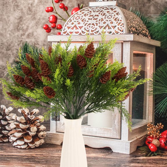 GOOHOCHY Set of 5 Artificial Pine Branches with Pine Cones for Christmas Home Decoration, Plastic Simulation Leaves in Assorted Colors