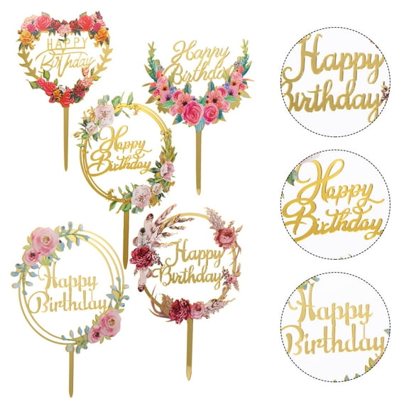 GOOHOCHY Assorted Color Birthday Cake Toppers with Floral Design Made of Acrylic for Cake 5 Pcs