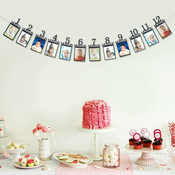 GOOHOCHY Black Photo Banner Retro Baby's First Birthday Bunting 12-month Photo Show Birthday Party Supply Birthday Decoration - Number(Black)