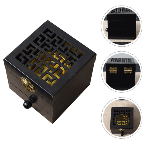 GOOHOCHY Black Wooden Alloy Incense Burner Box for Daily Use Unique Design Aromatherapy Home Office Meditation 9.5 x 5.5 x 3.5 Inches