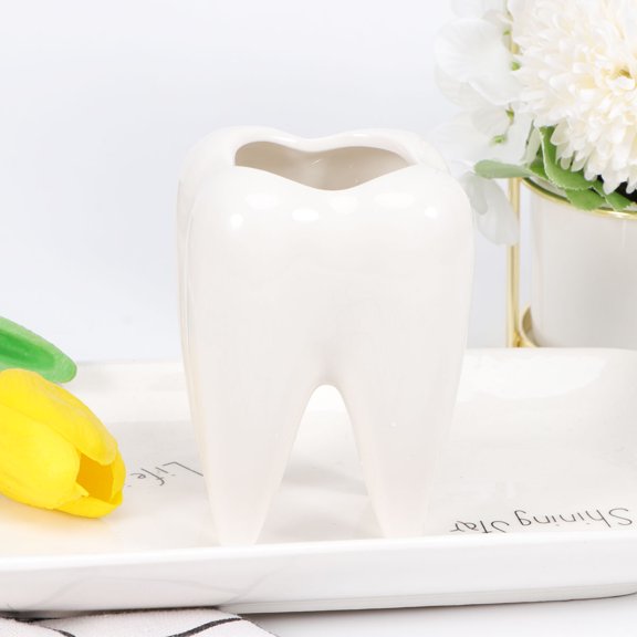 FUTUREORYY White Ceramic Tooth Shaped Pen Holder and Flower Pot, Decorative Desk Organizer for Office and Co-Workers, 1 Piece