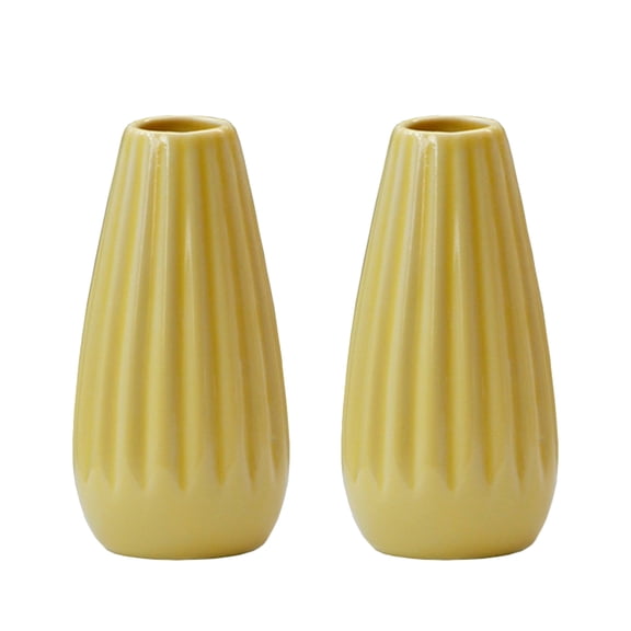 GOOHOCHY Ceramic Flower Vase in European Style for Home Decoration 2 Pcs Yellow Vertical Stripe Design 6.5